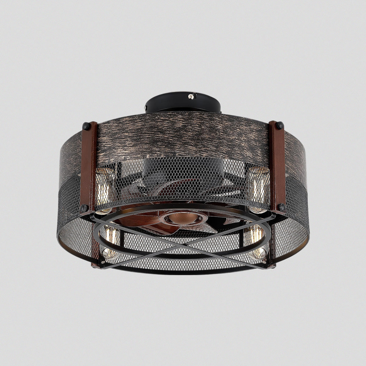 Caged Ceiling Fan with Light and Remote Black Bladeless Reversible Low Profile 19"