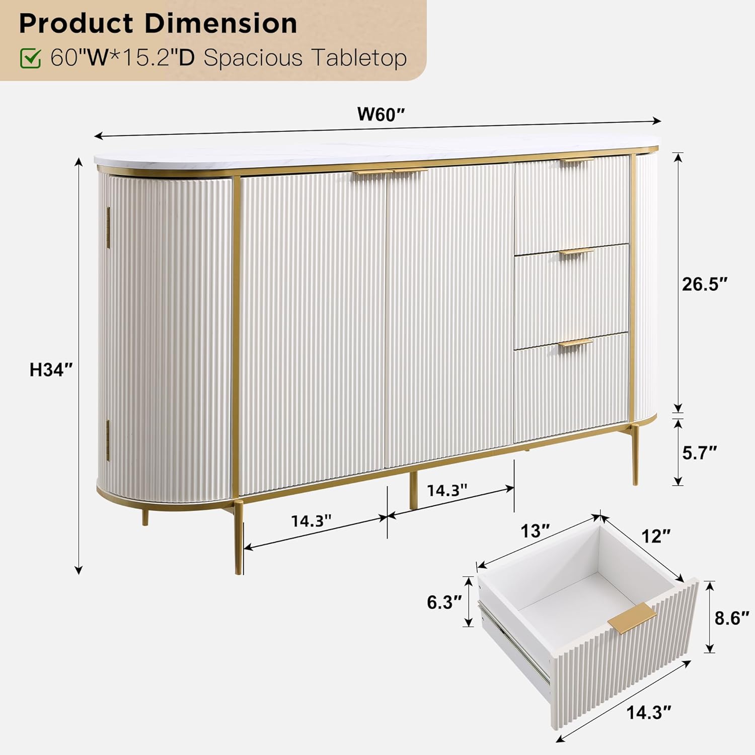 Modern Fluted Sideboard Buffet Cabinet | Coffee Bar | Wine Storage