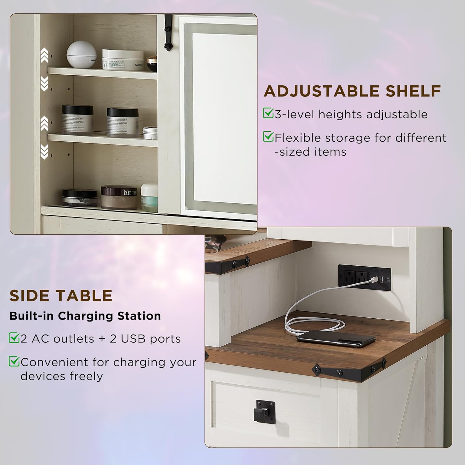48'' Farmhouse Makeup Vanity Desk with Sliding HD Mirror and Lights