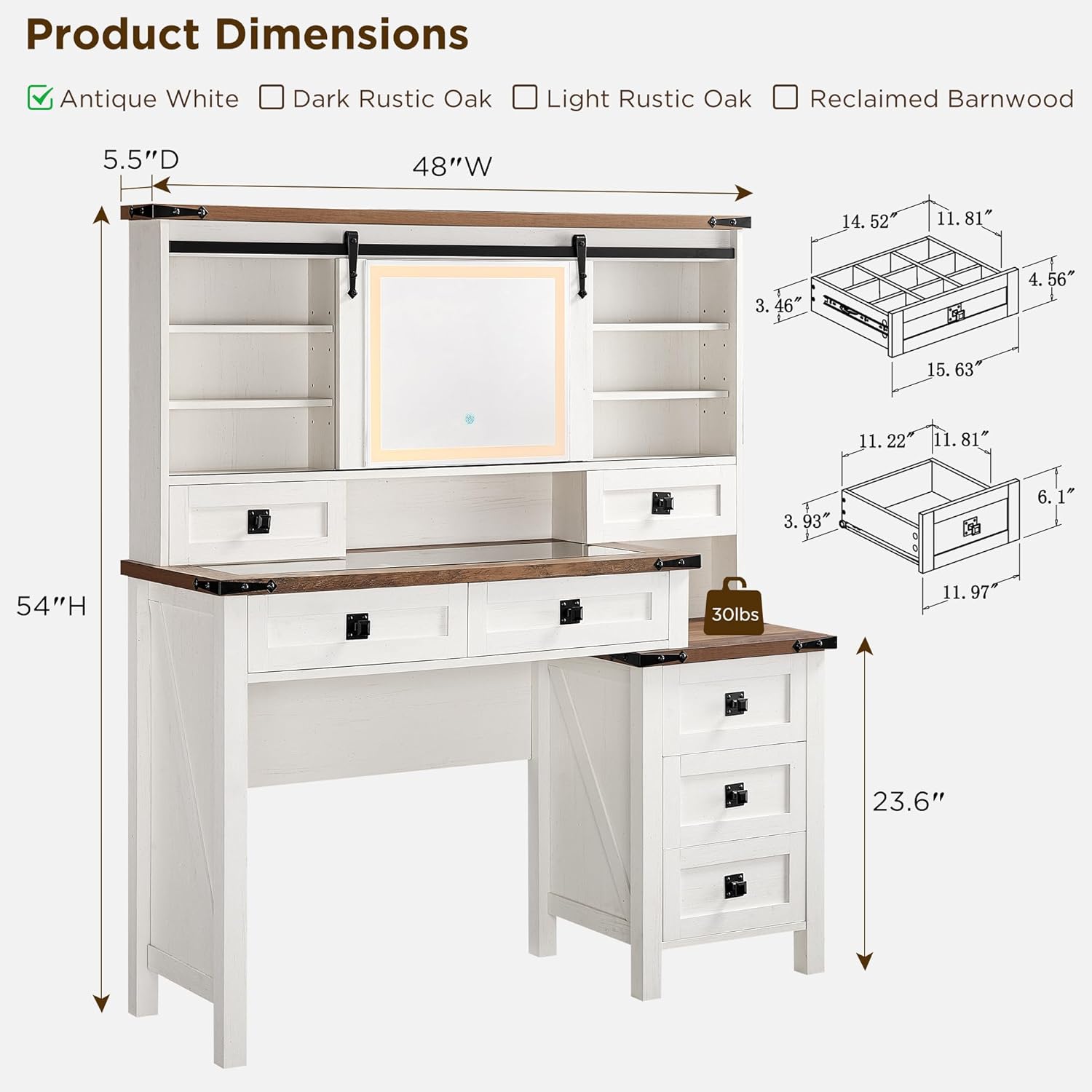 48'' Farmhouse Makeup Vanity Desk with Sliding HD Mirror and Lights