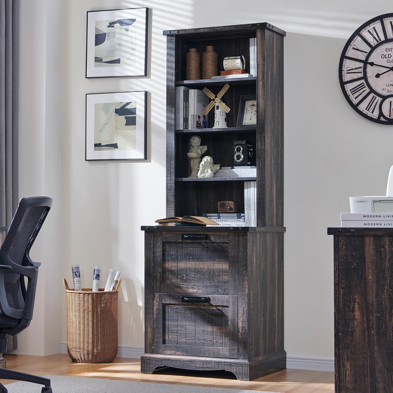 72" Tall Farmhouse Bookshelf with File Drawers and Storage