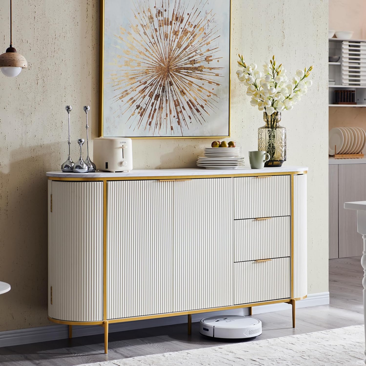 Modern Fluted Sideboard Buffet Cabinet | Coffee Bar | Wine Storage