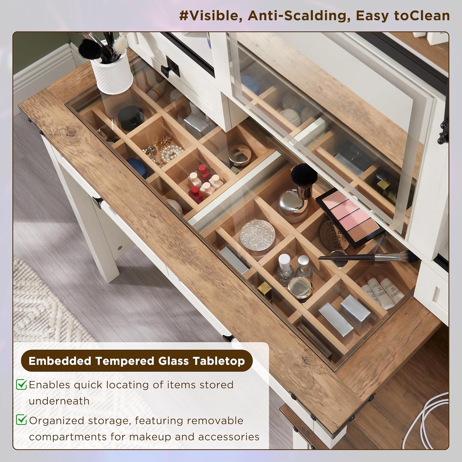 48'' Farmhouse Makeup Vanity Desk with Sliding HD Mirror and Lights