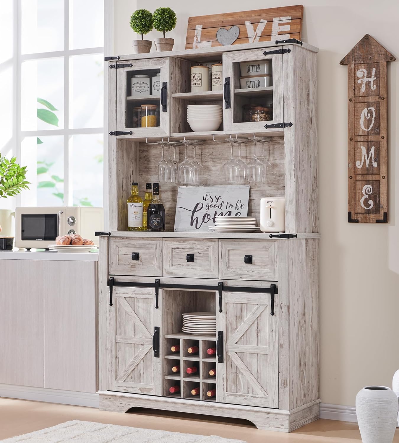 72" Farmhouse Buffet with Hutch - Sliding Barn Door Cabinet