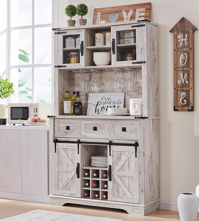 72" Farmhouse Buffet with Hutch - Sliding Barn Door Cabinet