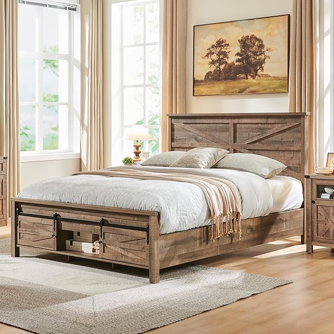 JXQTLINGMU Full Size Farmhouse Wood Bed Frame with Barn Door