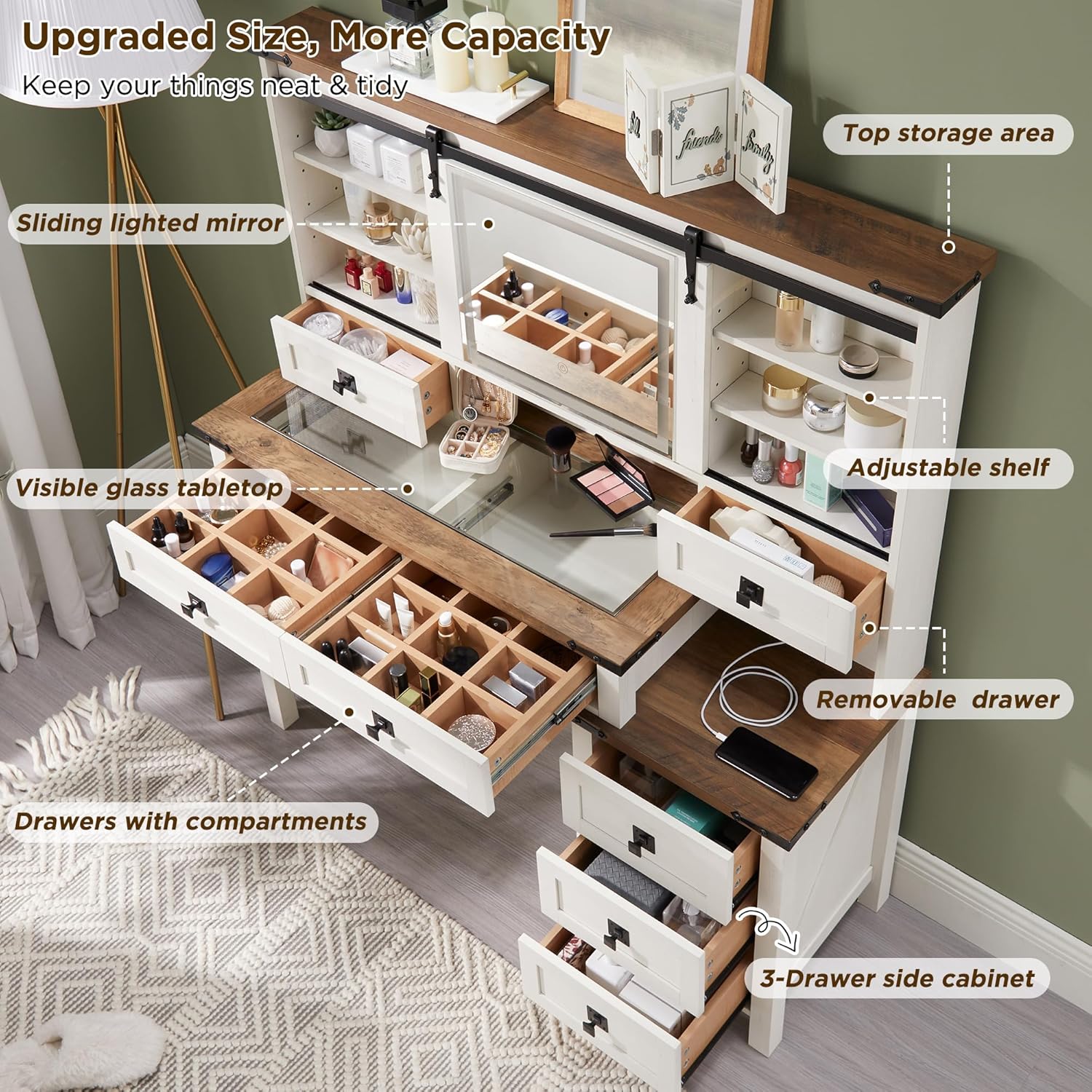 48'' Farmhouse Makeup Vanity Desk with Sliding HD Mirror and Lights