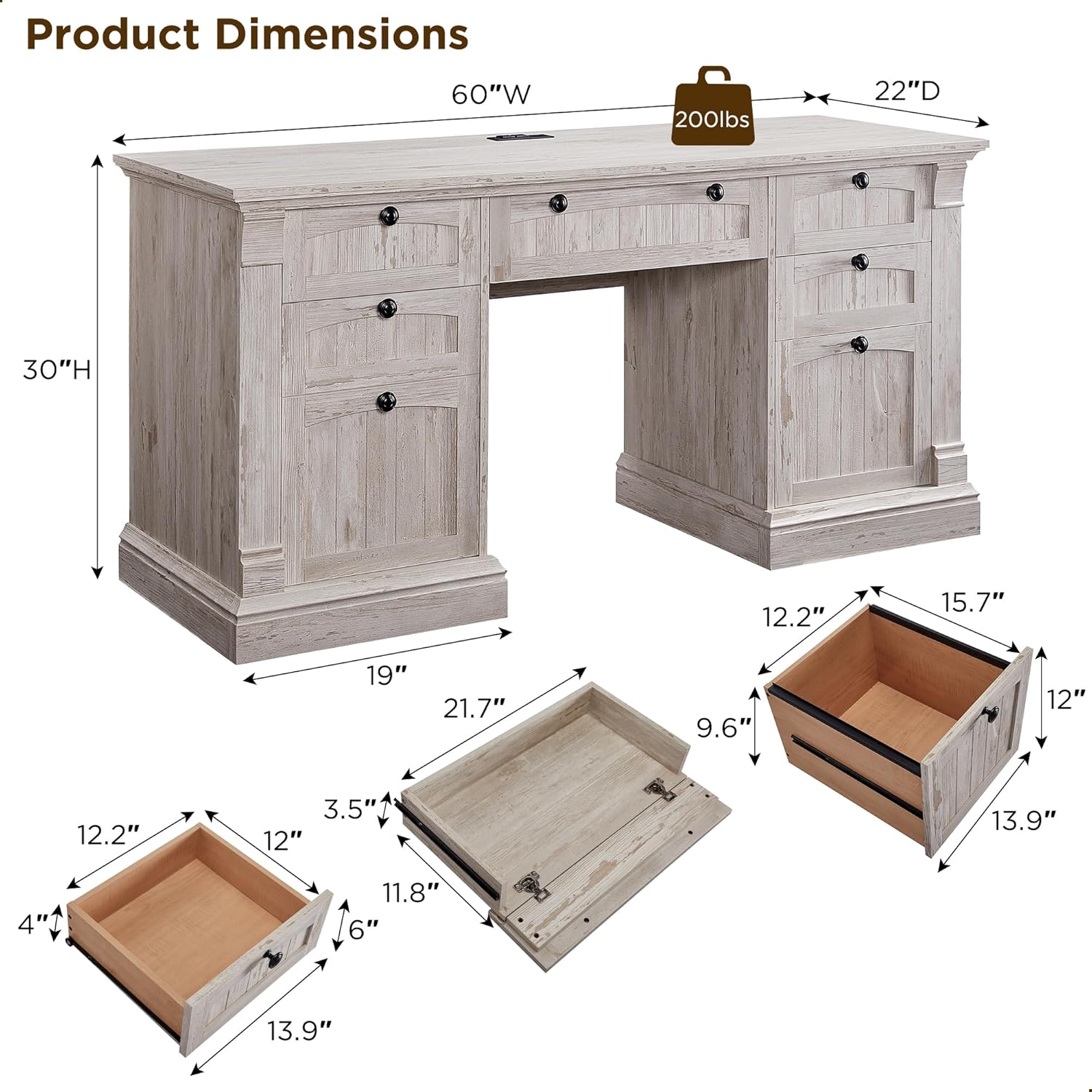 OKD 60" Farmhouse Executive Desk with Drawers and Charging Station