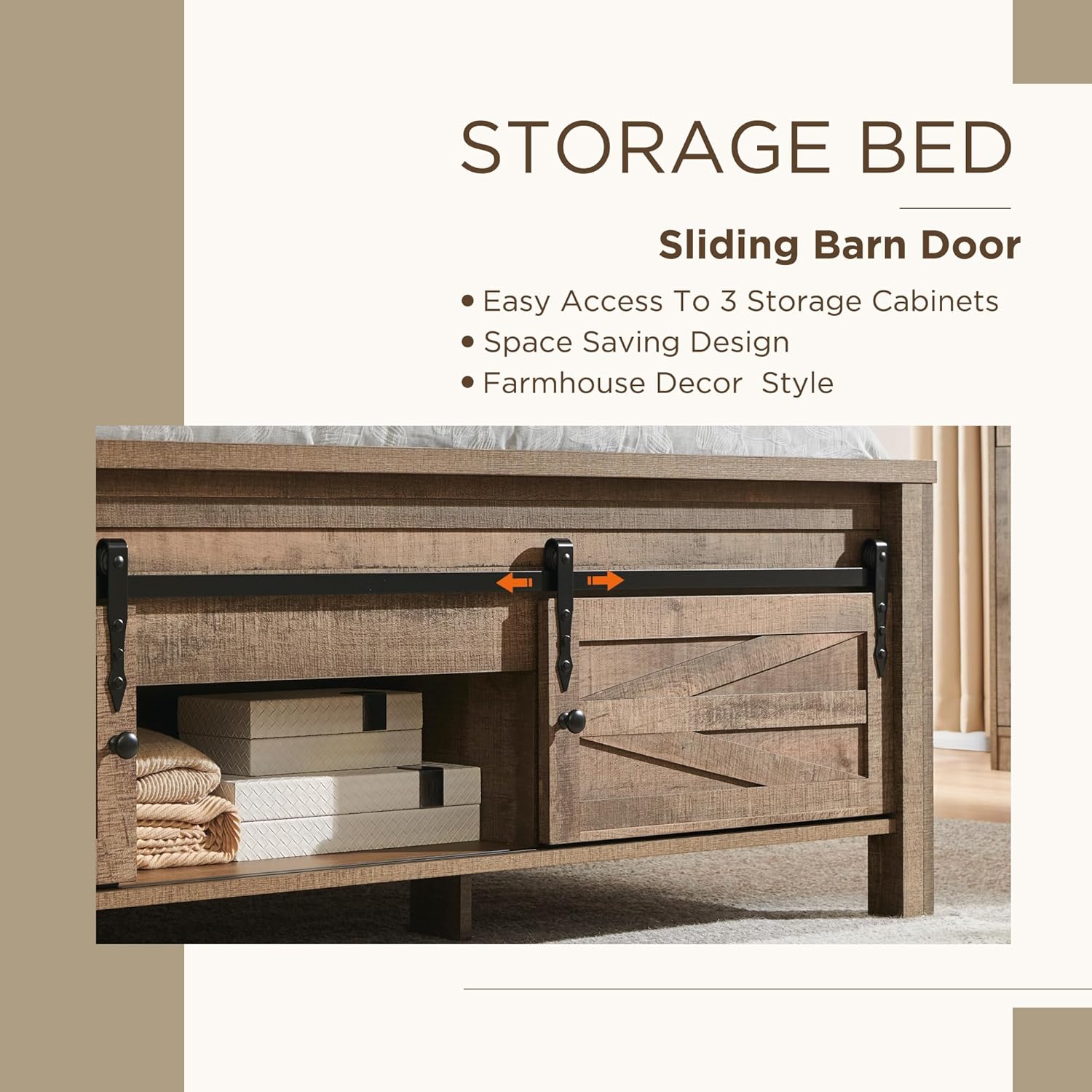 JXQTLINGMU Full Size Farmhouse Wood Bed Frame with Barn Door