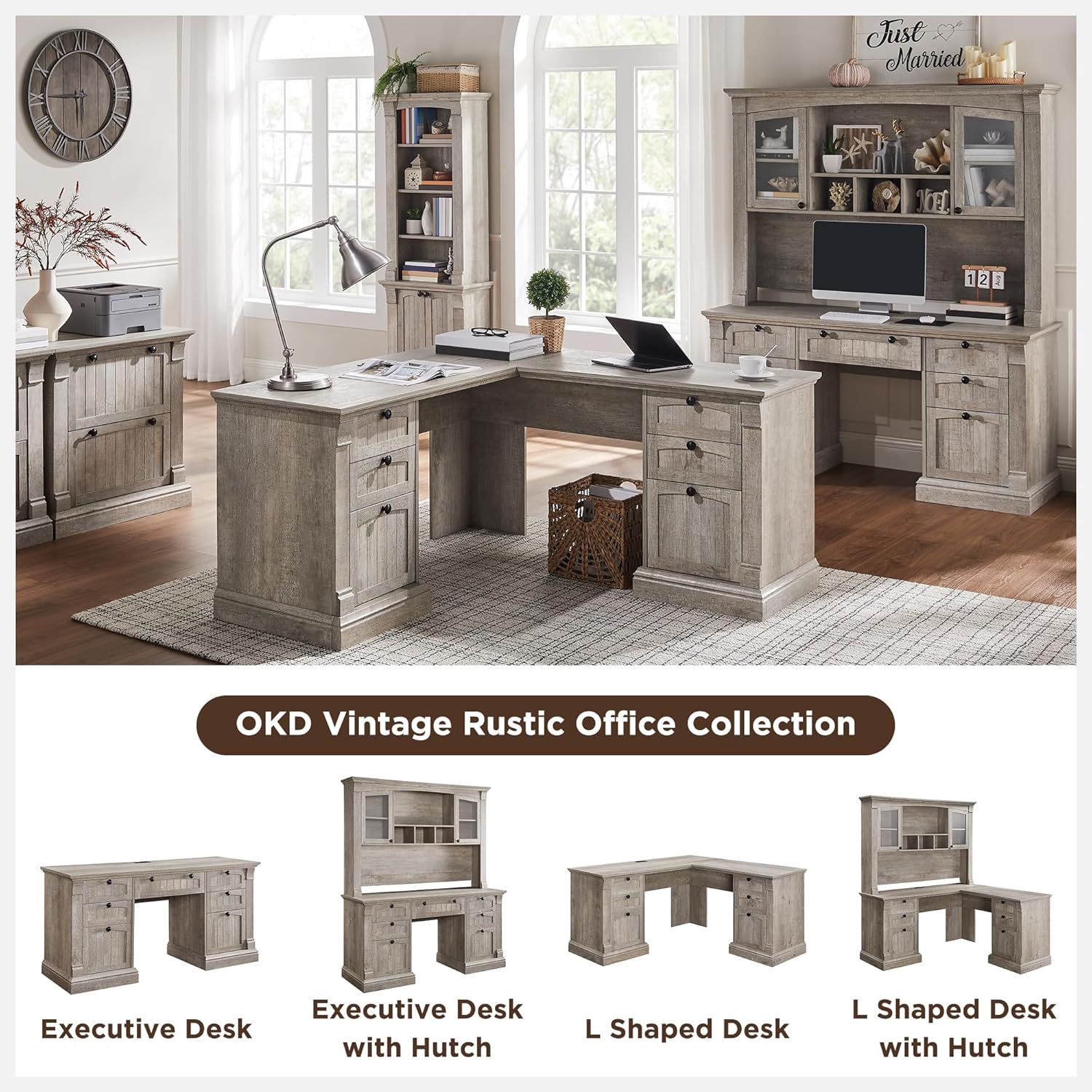 OKD 60" Farmhouse Executive Desk with Drawers and Charging Station
