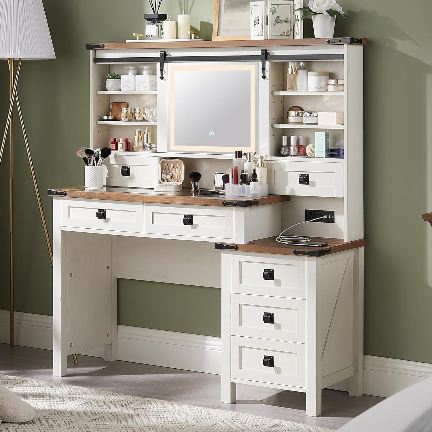 48'' Farmhouse Makeup Vanity Desk with Sliding HD Mirror and Lights