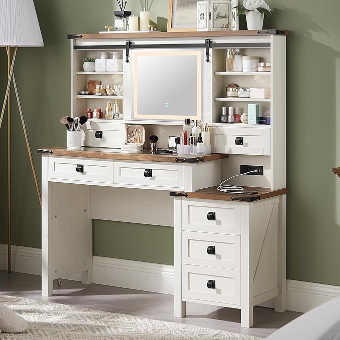 48'' Farmhouse Makeup Vanity Desk with Sliding HD Mirror and Lights