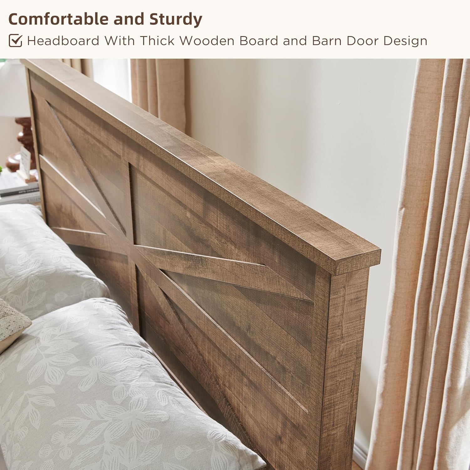 JXQTLINGMU Full Size Farmhouse Wood Bed Frame with Barn Door