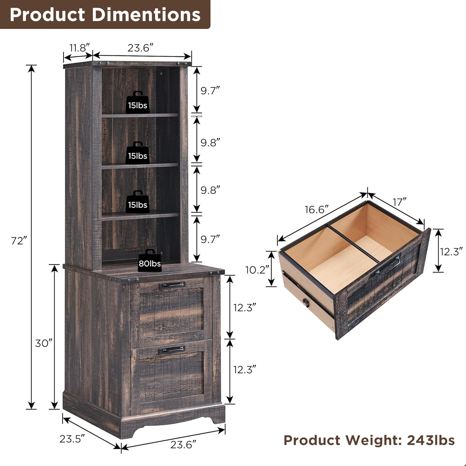 72" Tall Farmhouse Bookshelf with File Drawers and Storage