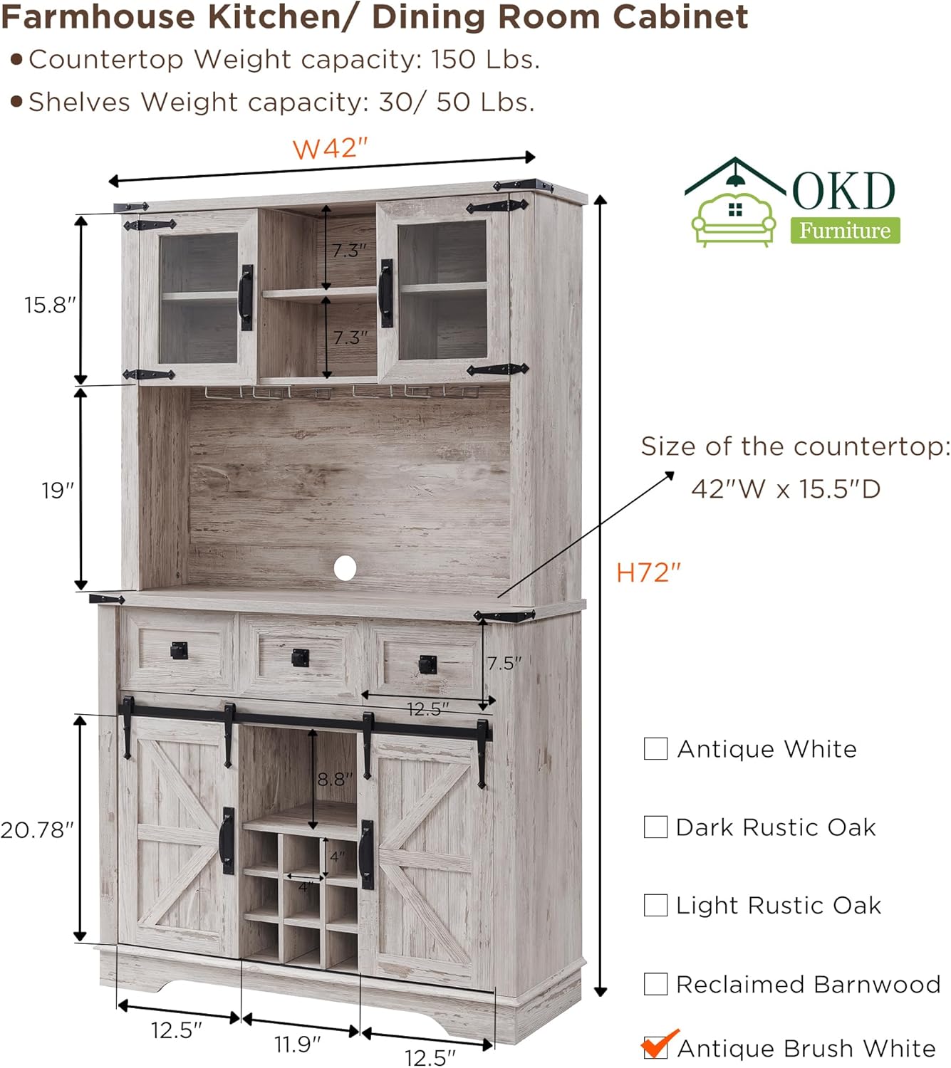 72" Farmhouse Buffet with Hutch - Sliding Barn Door Cabinet