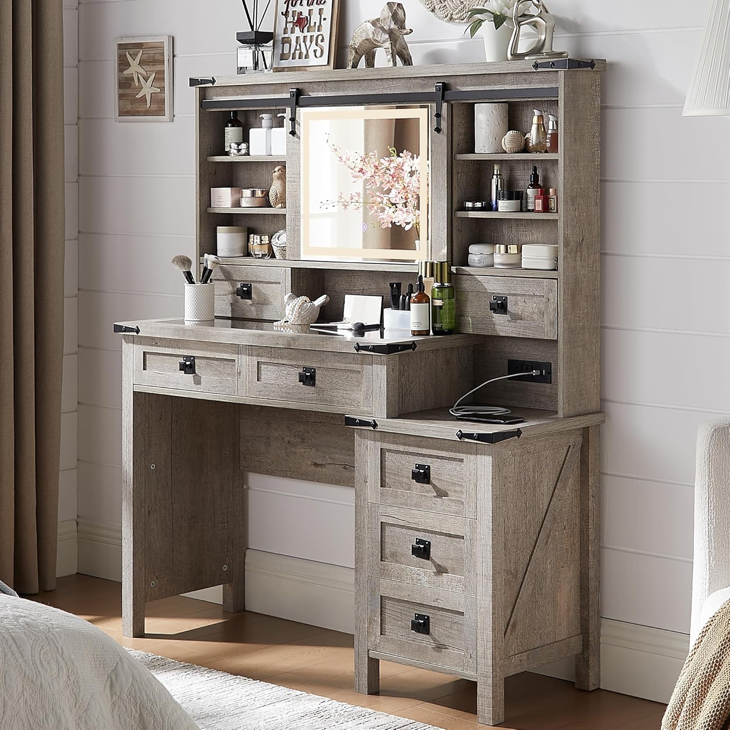 48'' Farmhouse Makeup Vanity Desk with Sliding HD Mirror and Lights
