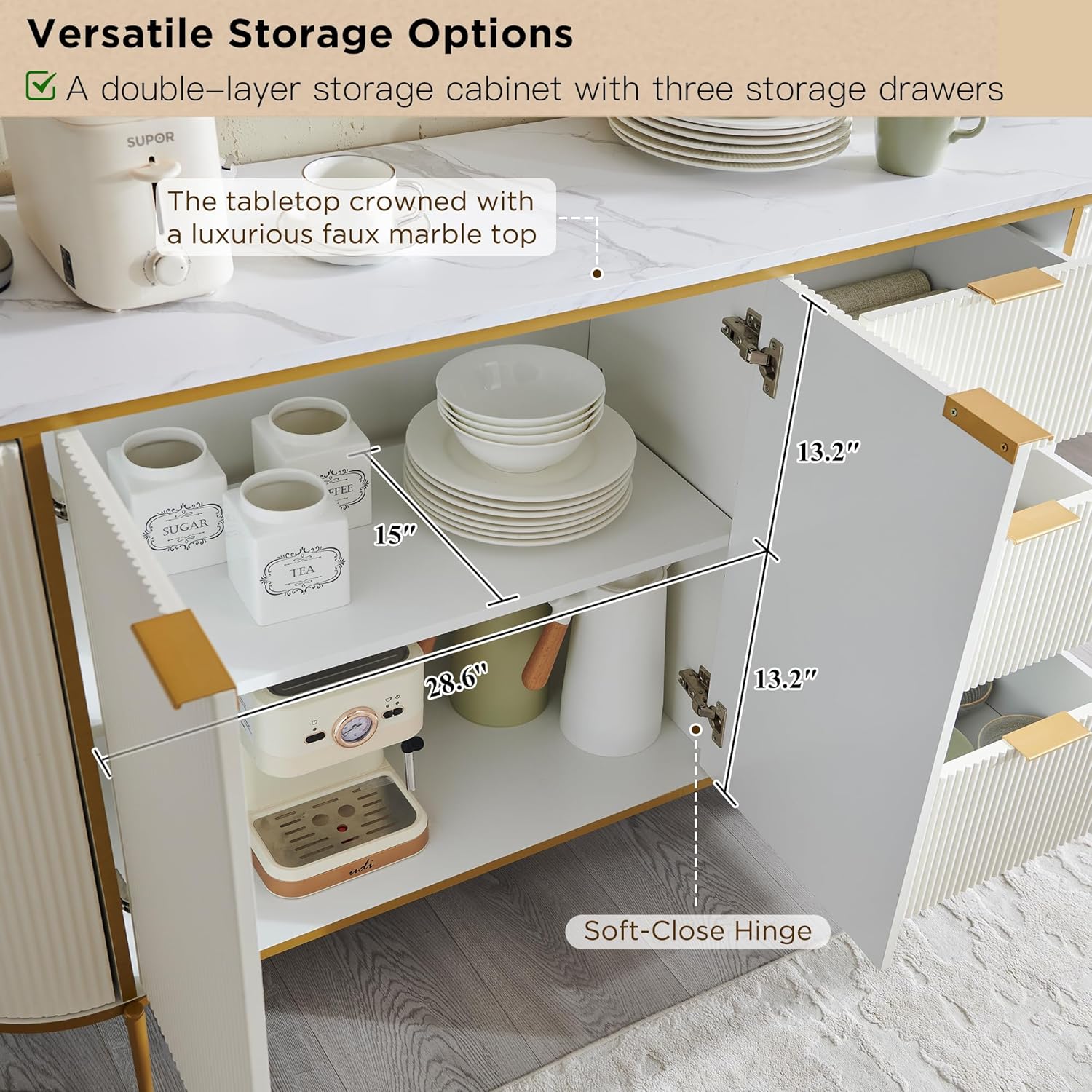 Modern Fluted Sideboard Buffet Cabinet | Coffee Bar | Wine Storage