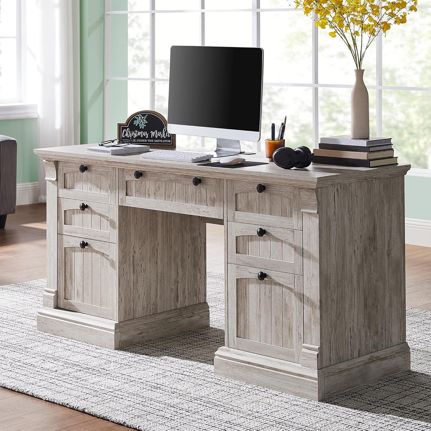 OKD 60" Farmhouse Executive Desk with Drawers and Charging Station