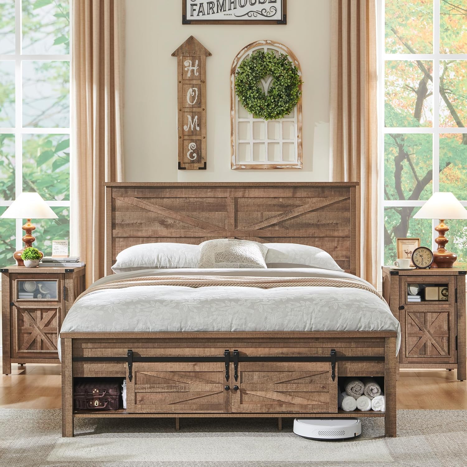 JXQTLINGMU Full Size Farmhouse Wood Bed Frame with Barn Door