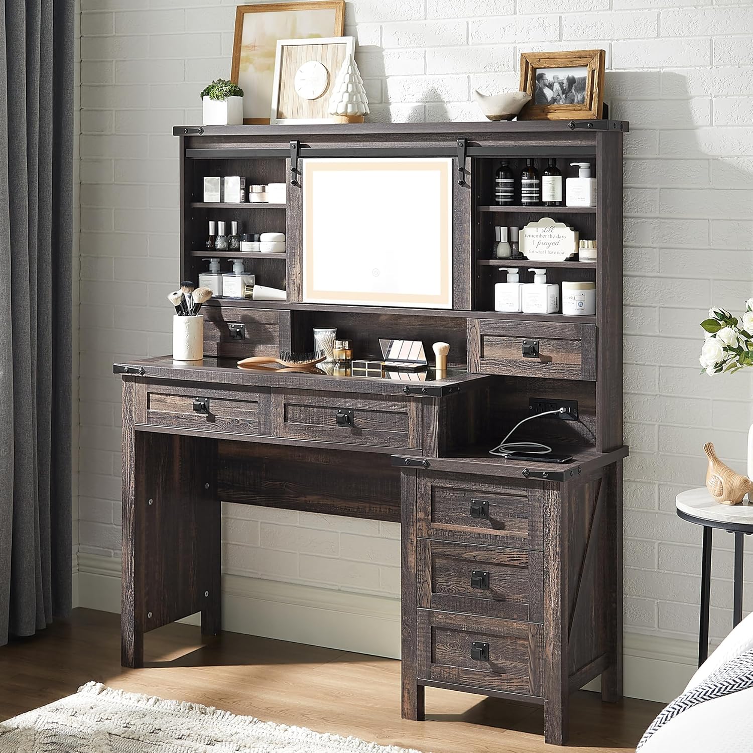 48'' Farmhouse Makeup Vanity Desk with Sliding HD Mirror and Lights