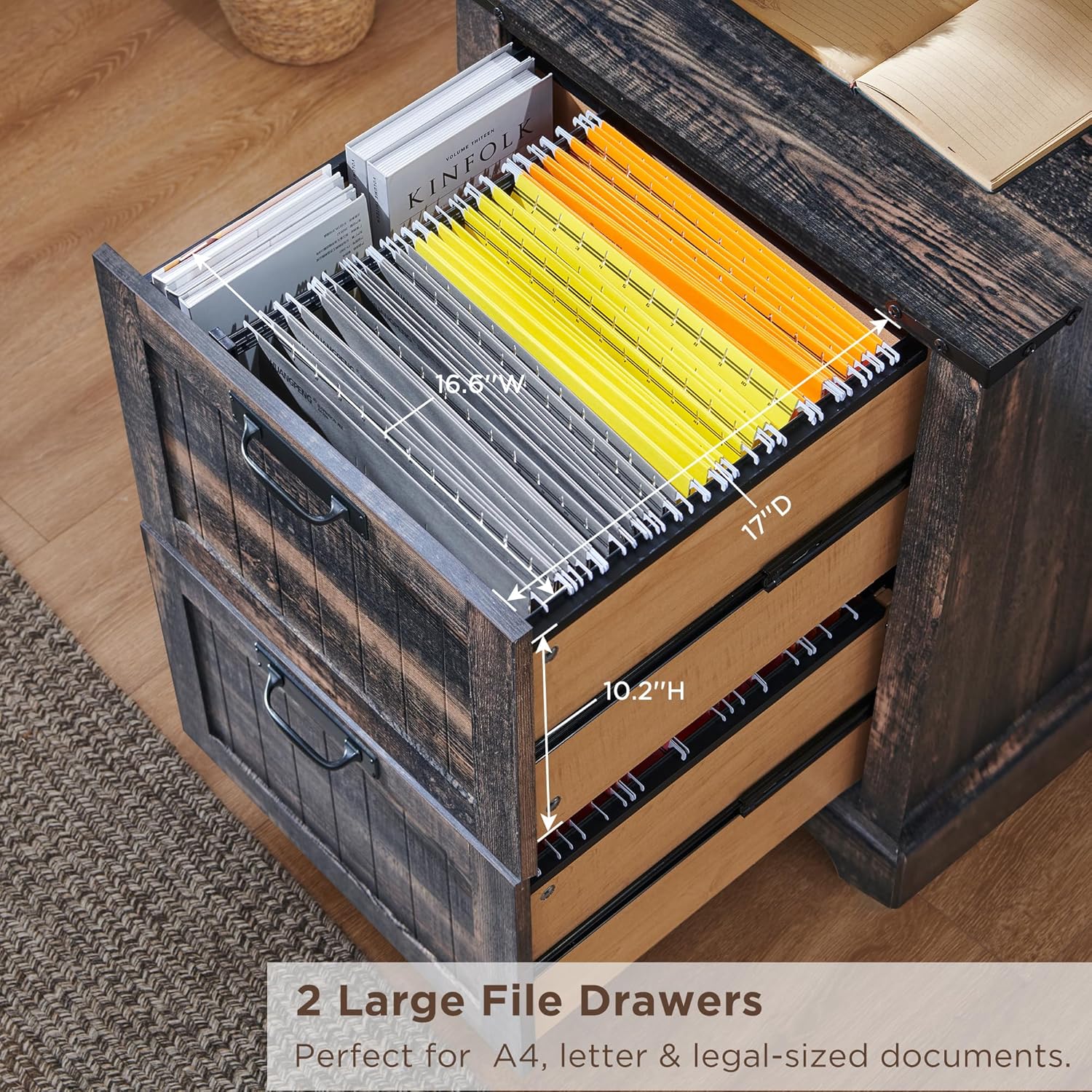72" Tall Farmhouse Bookshelf with File Drawers and Storage
