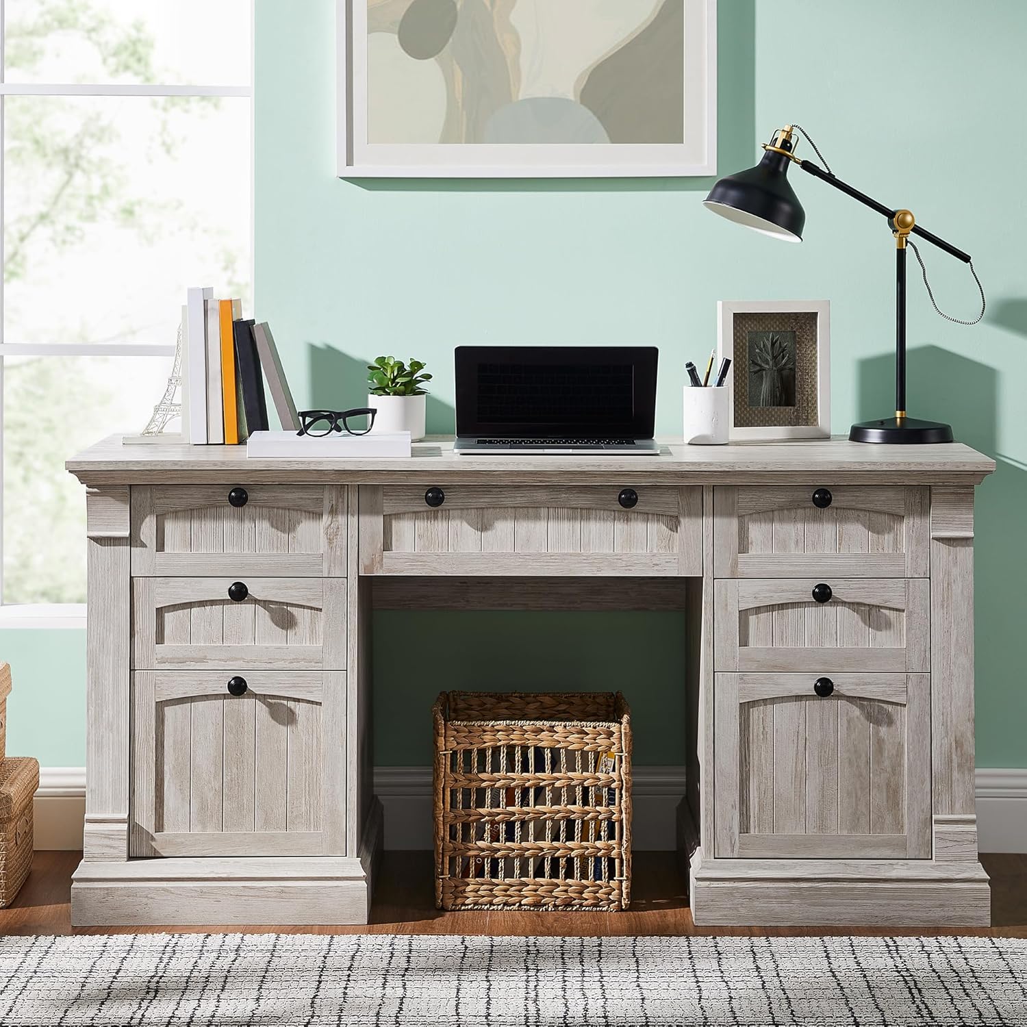 OKD 60" Farmhouse Executive Desk with Drawers and Charging Station