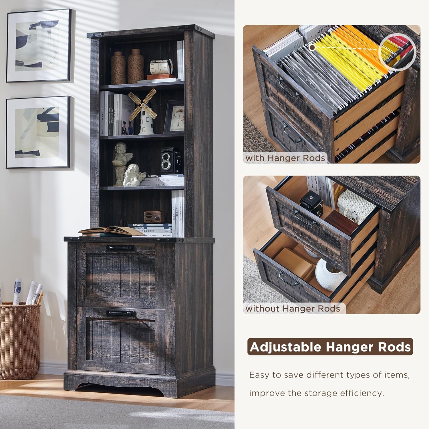 72" Tall Farmhouse Bookshelf with File Drawers and Storage