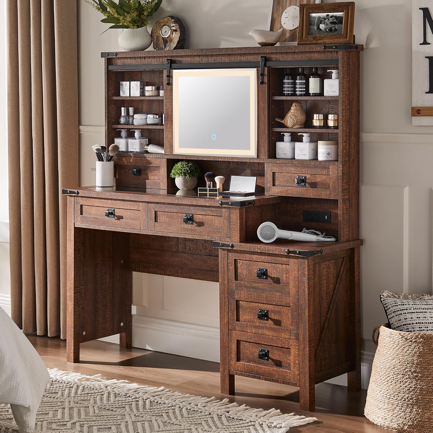 48'' Farmhouse Makeup Vanity Desk with Sliding HD Mirror and Lights