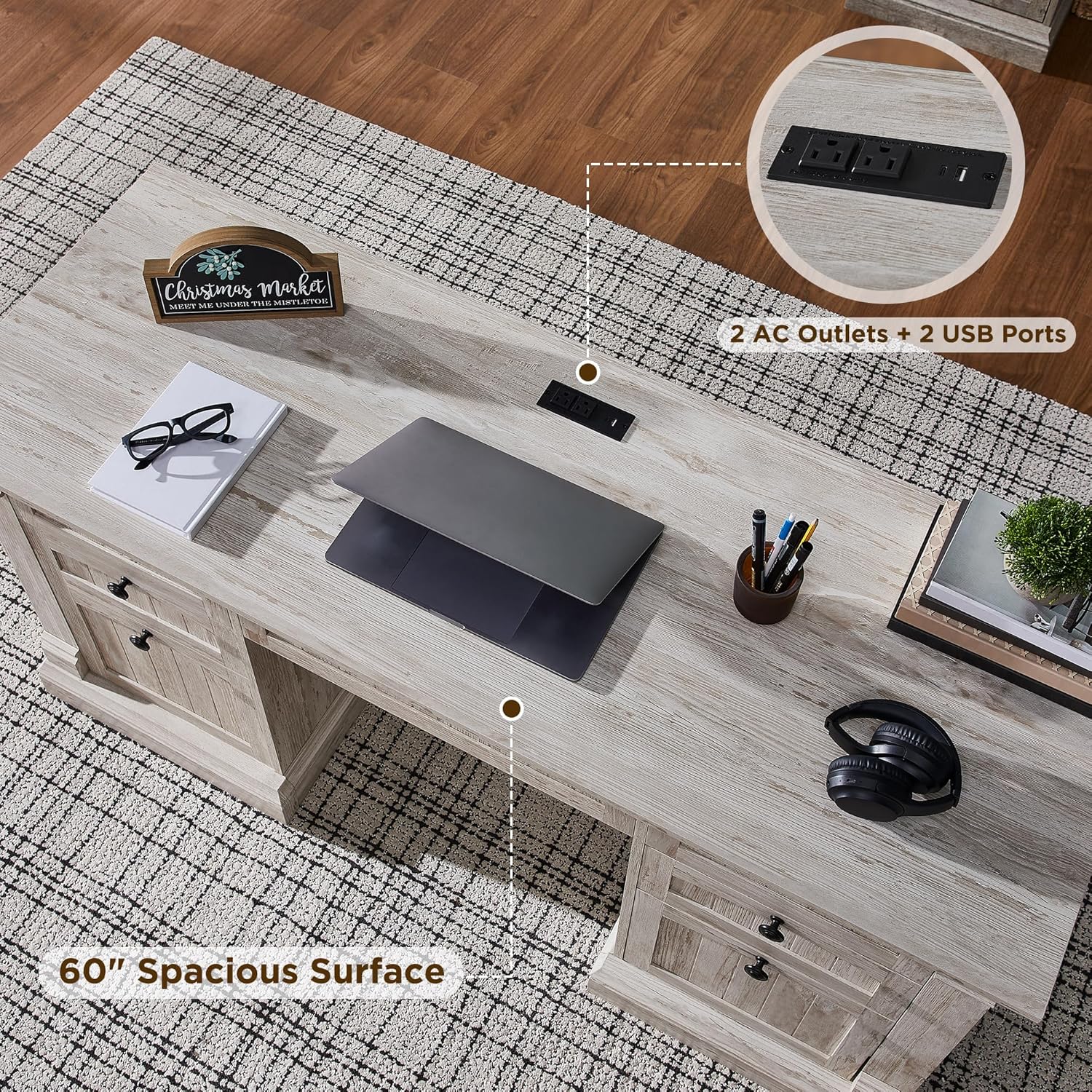 OKD 60" Farmhouse Executive Desk with Drawers and Charging Station