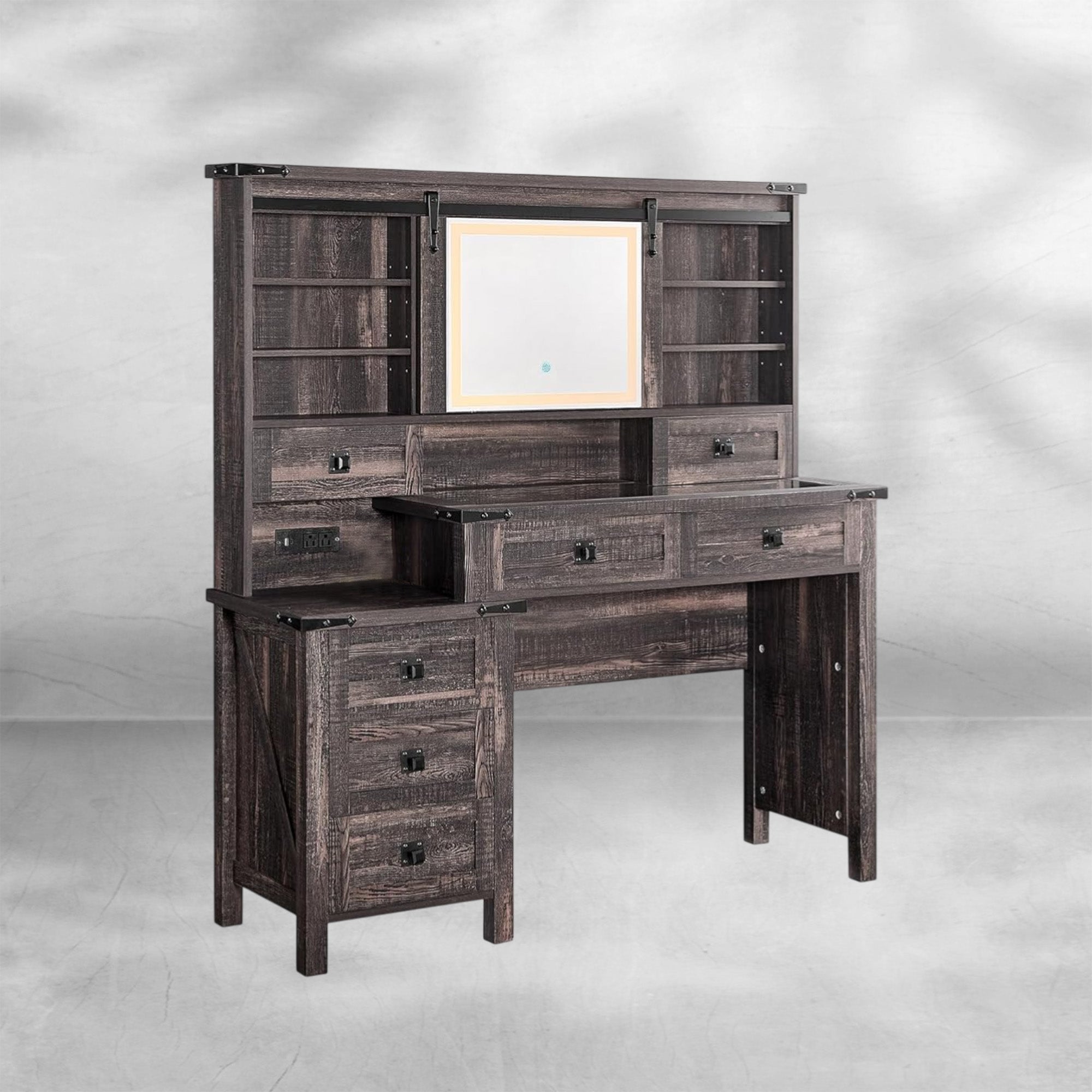 48'' Farmhouse Makeup Vanity Desk with Sliding HD Mirror and Lights