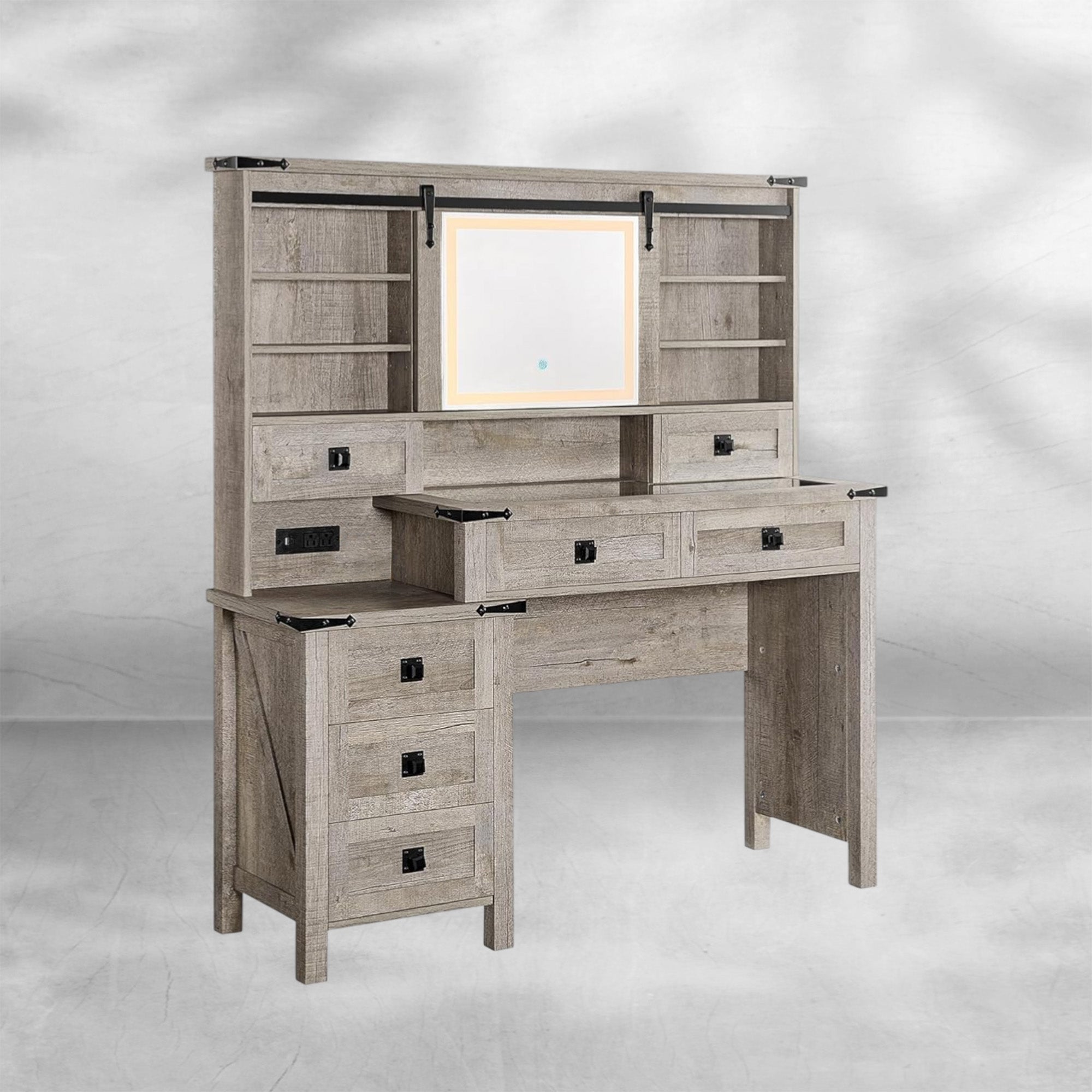 48'' Farmhouse Makeup Vanity Desk with Sliding HD Mirror and Lights