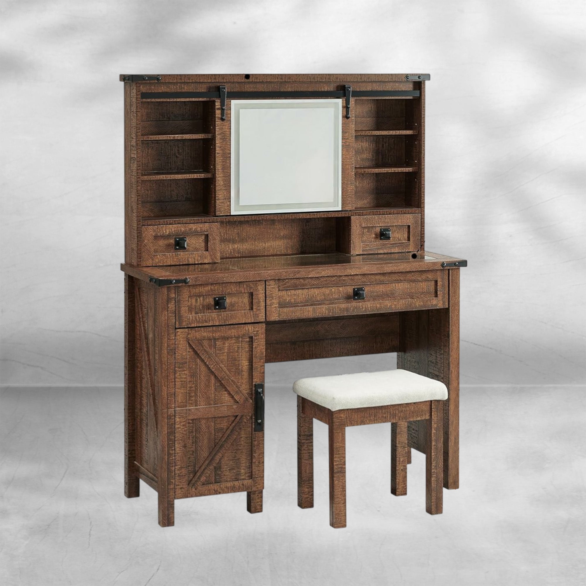 48'' Farmhouse Makeup Vanity Desk with Sliding HD Mirror and Lights