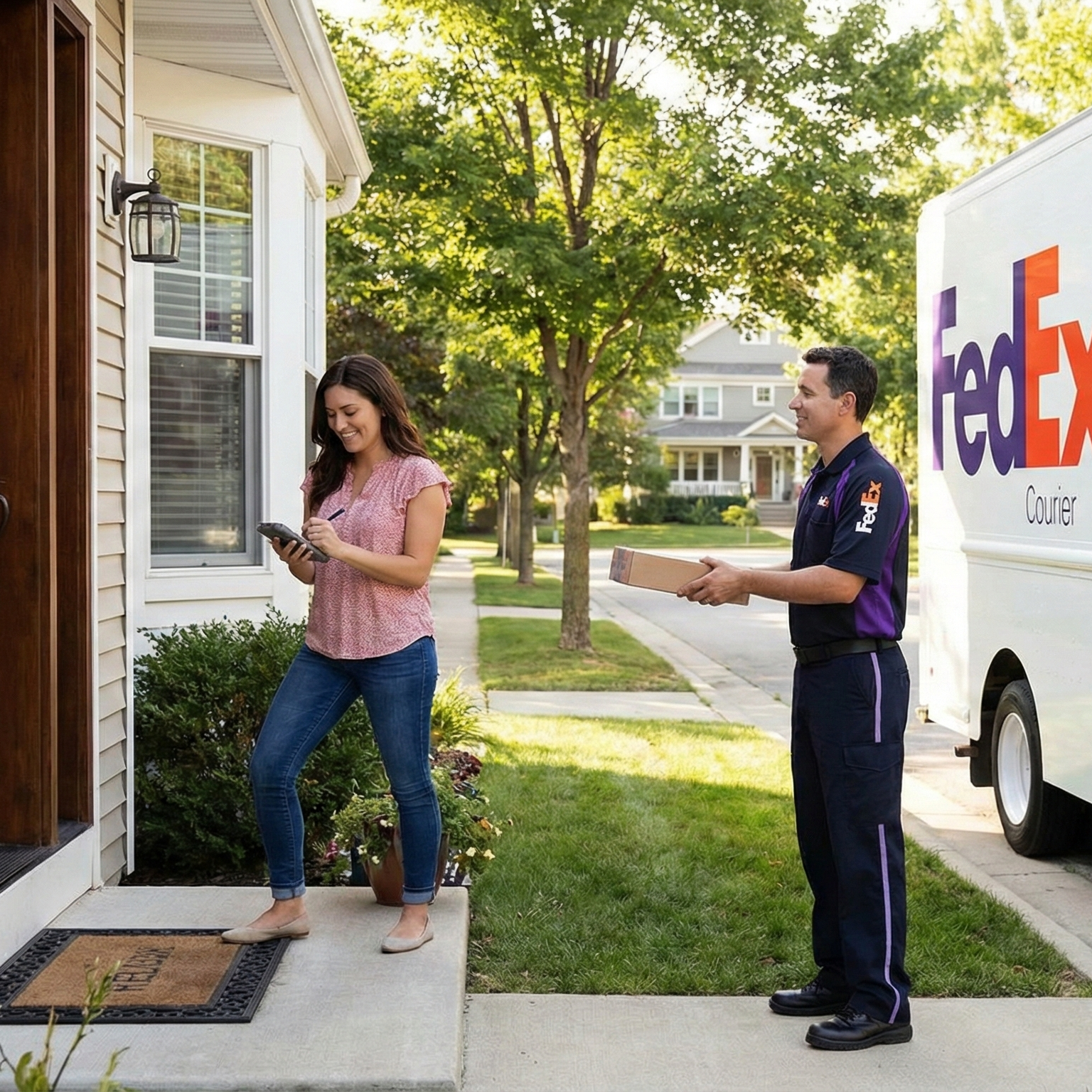 FedEx delivery driver interacting with a customer in front of a house