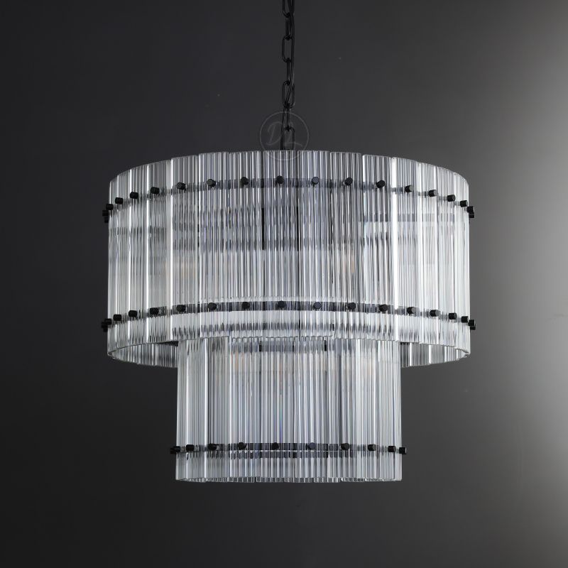 Golden Tea 2-Tier Round Glass Chandelier 60" For Living Room, Bedroom