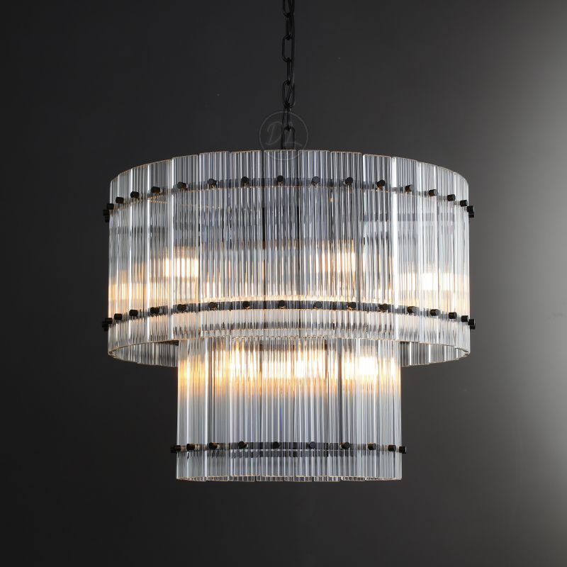 Golden Tea 2-Tier Round Glass Chandelier 60" For Living Room, Bedroom