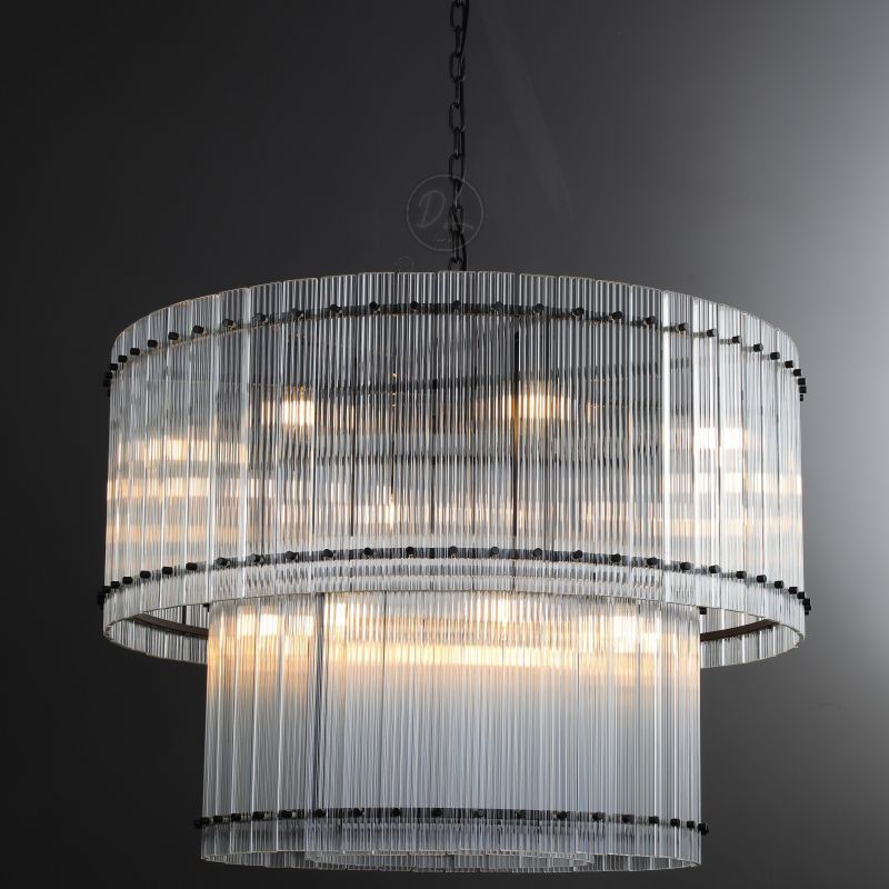 Golden Tea 2-Tier Round Glass Chandelier 60" For Living Room, Bedroom