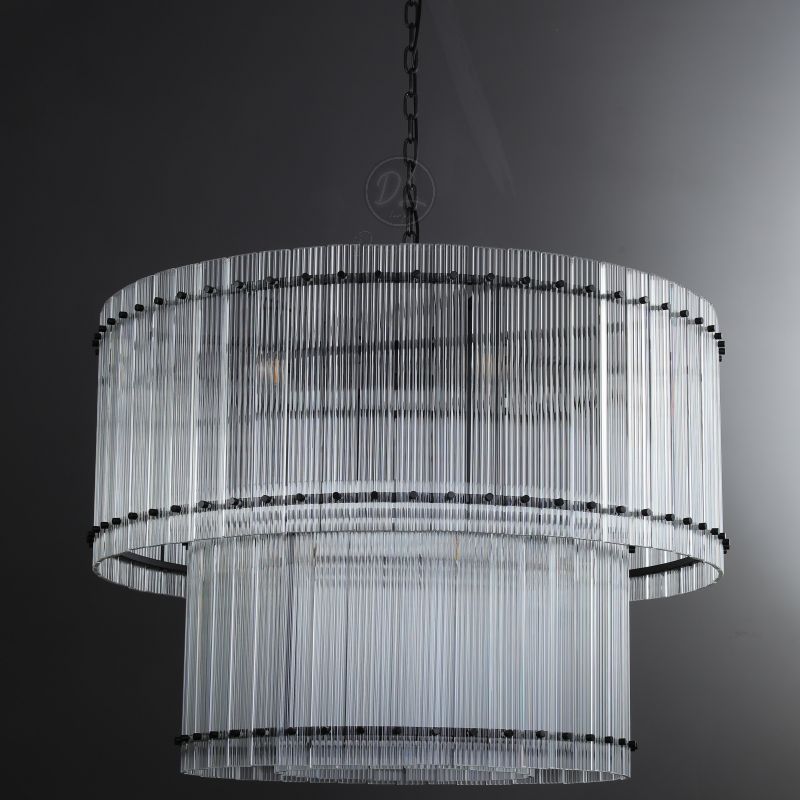 Golden Tea 2-Tier Round Glass Chandelier 60" For Living Room, Bedroom