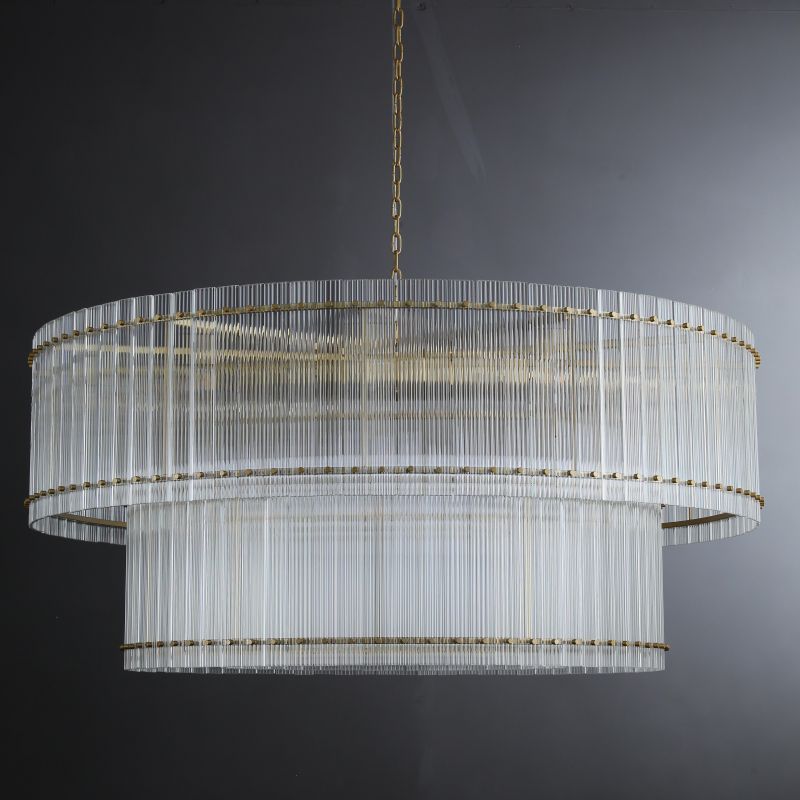 Golden Tea 2-Tier Round Glass Chandelier 60" For Living Room, Bedroom