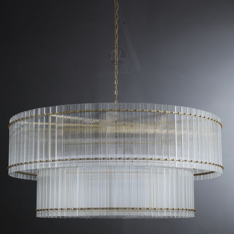 Golden Tea 2-Tier Round Glass Chandelier 60" For Living Room, Bedroom
