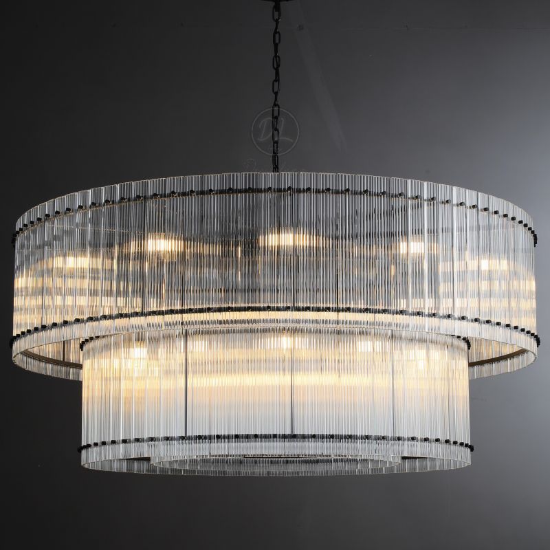 Golden Tea 2-Tier Round Glass Chandelier 60" For Living Room, Bedroom