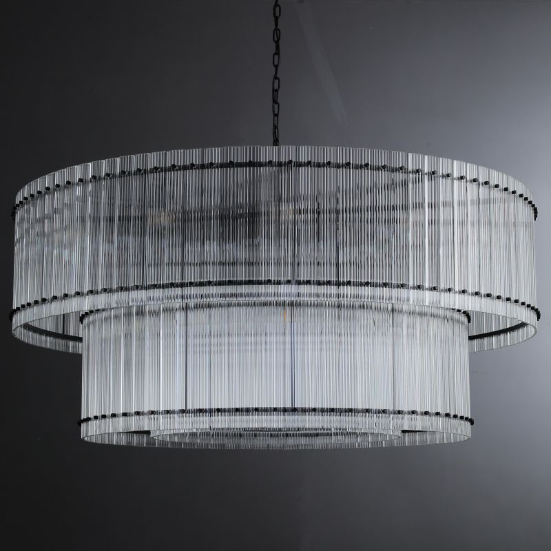 Golden Tea 2-Tier Round Glass Chandelier 60" For Living Room, Bedroom