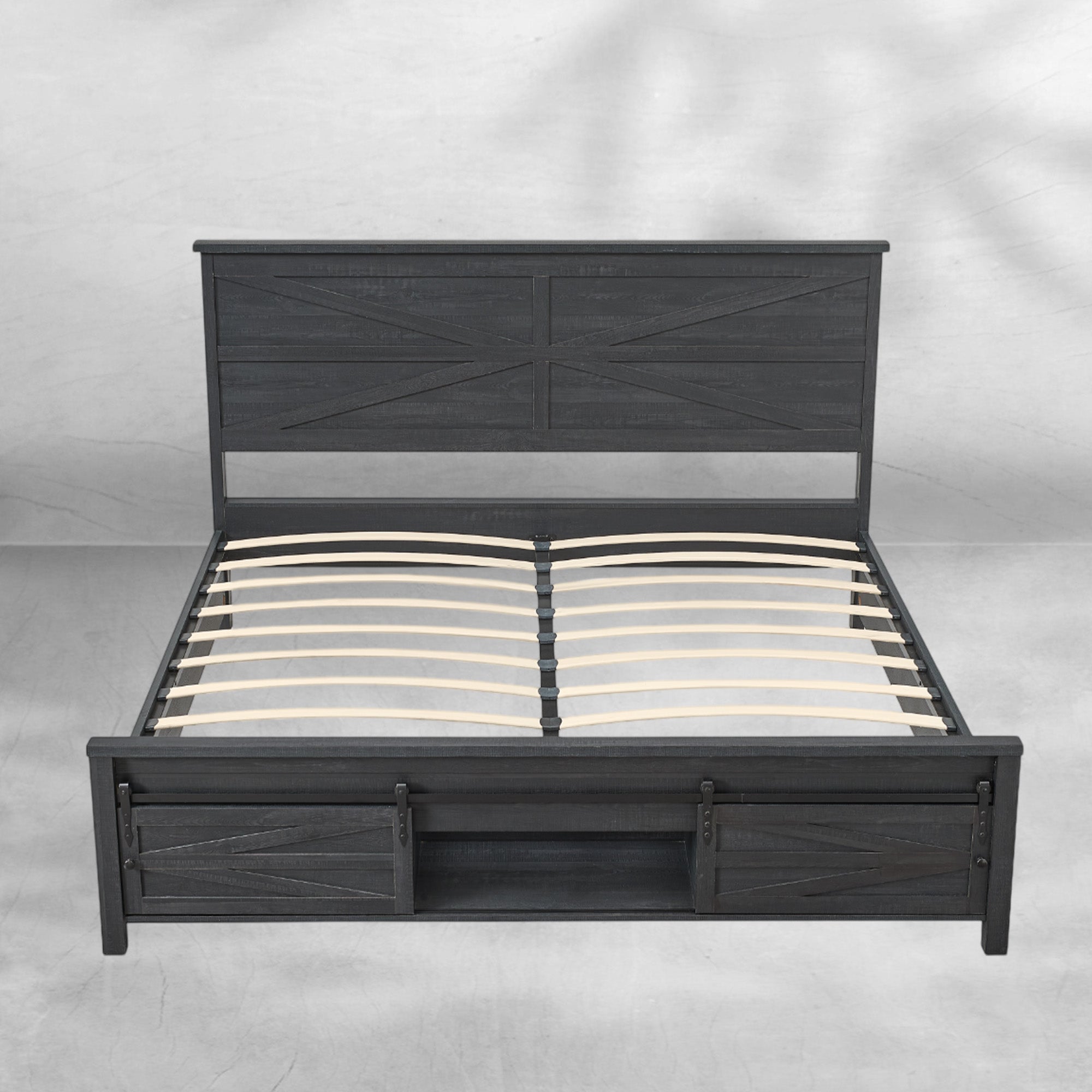 Full Size Farmhouse Wood Bed Frame 58" with Barn Door Cabinets