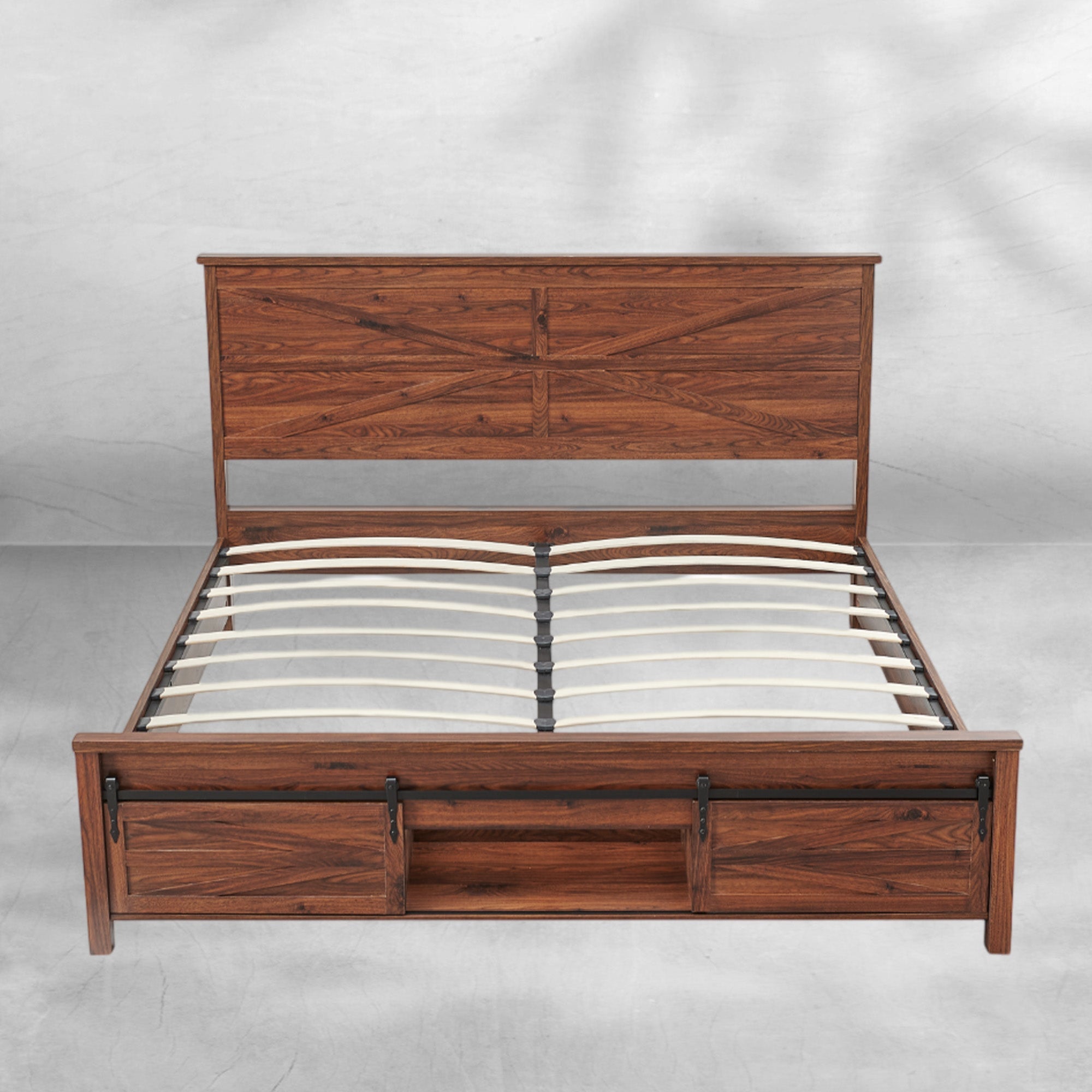 Full Size Farmhouse Wood Bed Frame 58" with Barn Door Cabinets