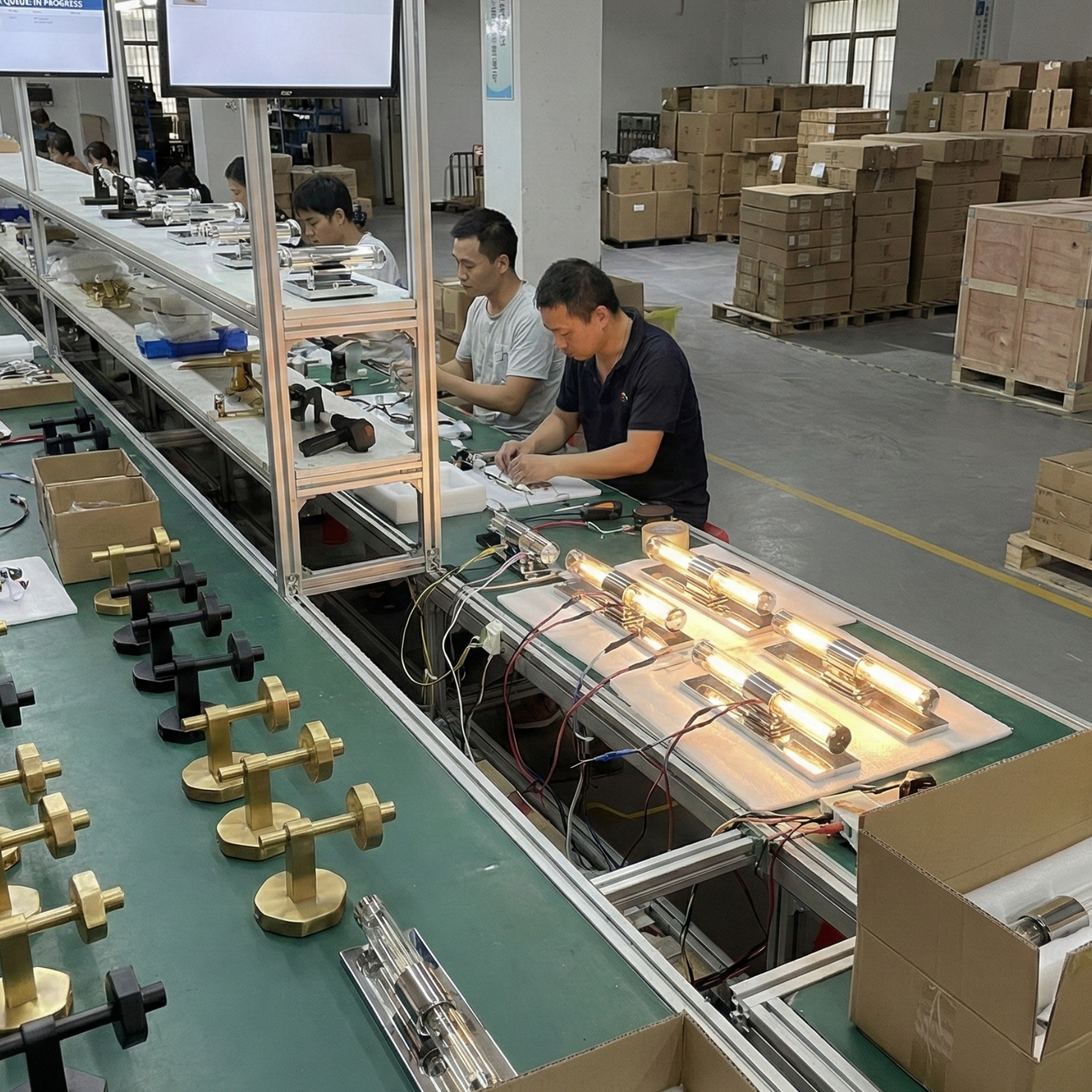 Factory workshop with workers assembling products on a conveyor belt.