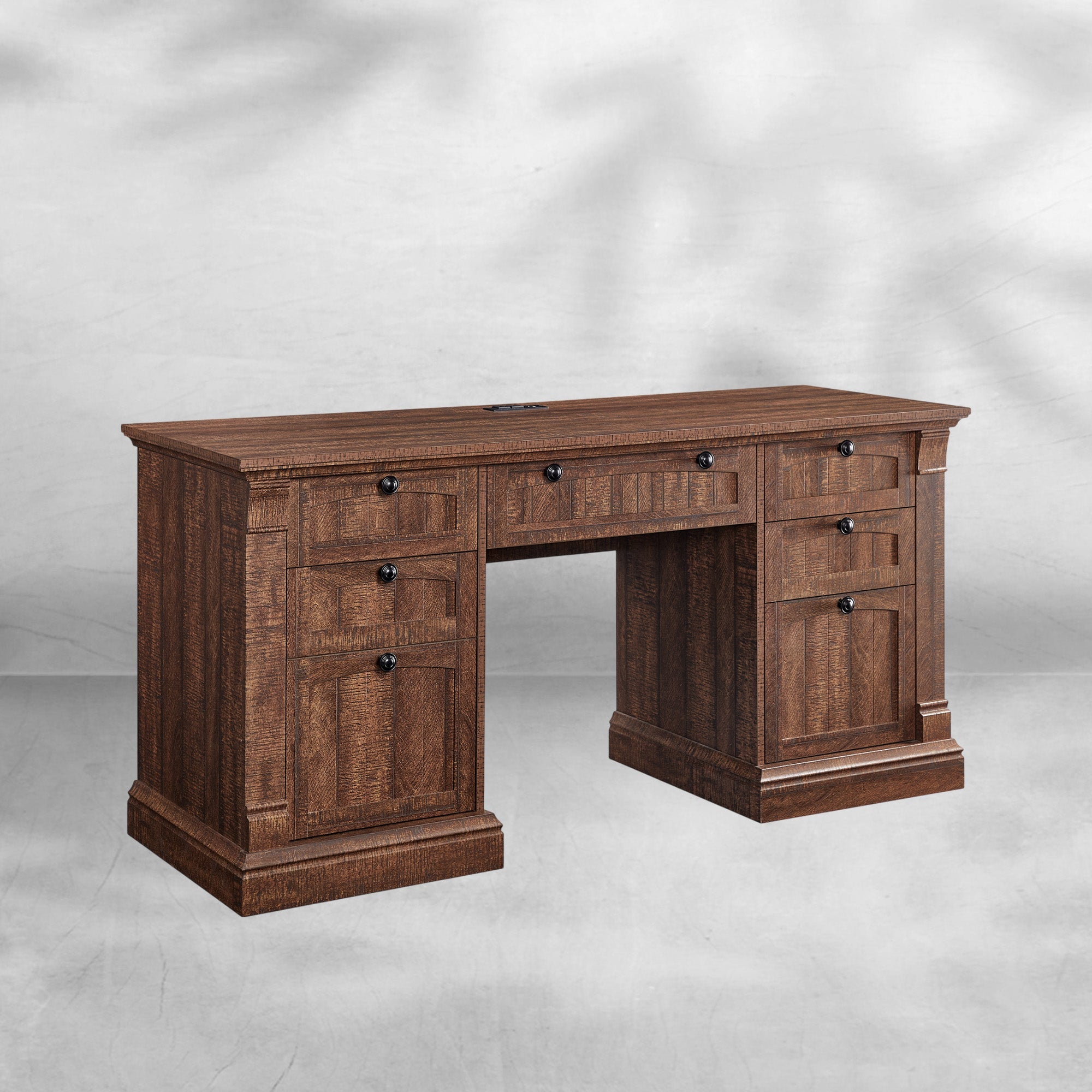 60" Farmhouse Executive Desk with Drawers and Charging Station