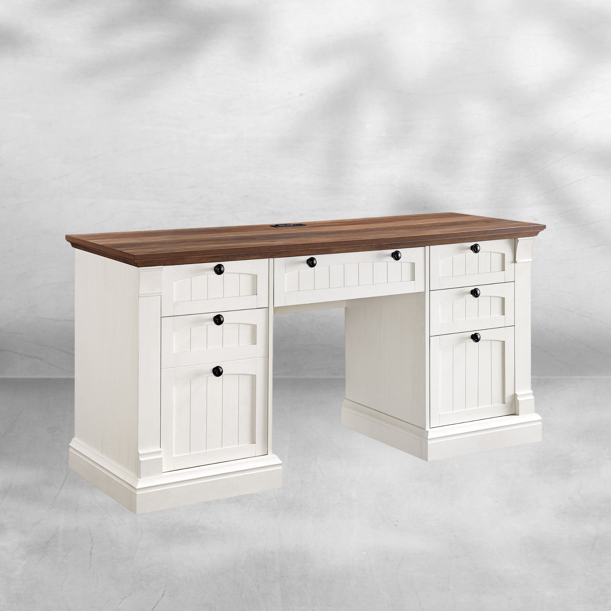 60" Farmhouse Executive Desk with Drawers and Charging Station