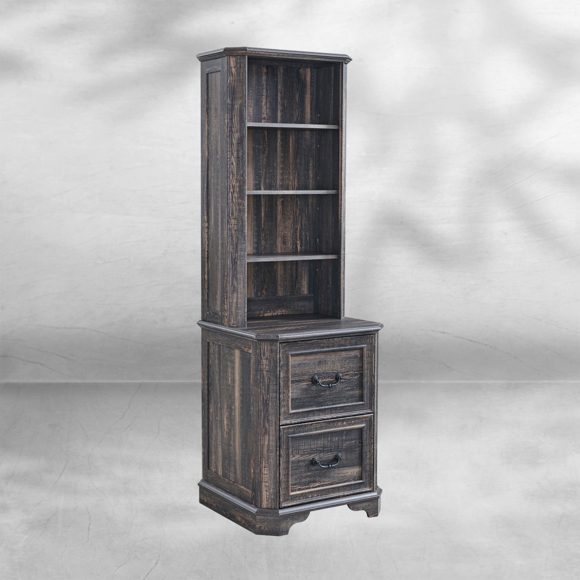 Rustic Oak 6-Tier Bookshelf with Doors and Adjustable Shelves