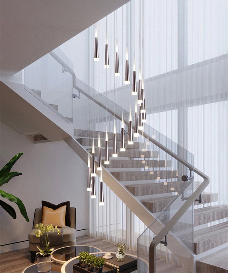 JC Golden/Black LED Hanging Meteor Rain Staircase Chandelier Silver lamp body / 25 Cone tube