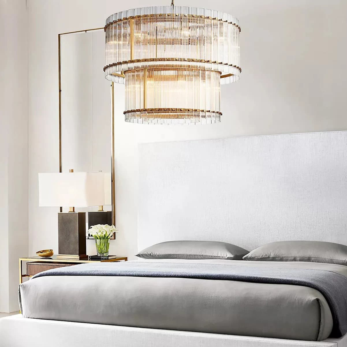 Golden Tea 2-Tier Round Glass Chandelier 60" For Living Room, Bedroom