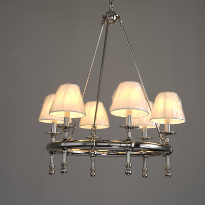 Chandelier with six lampshades on a gray background